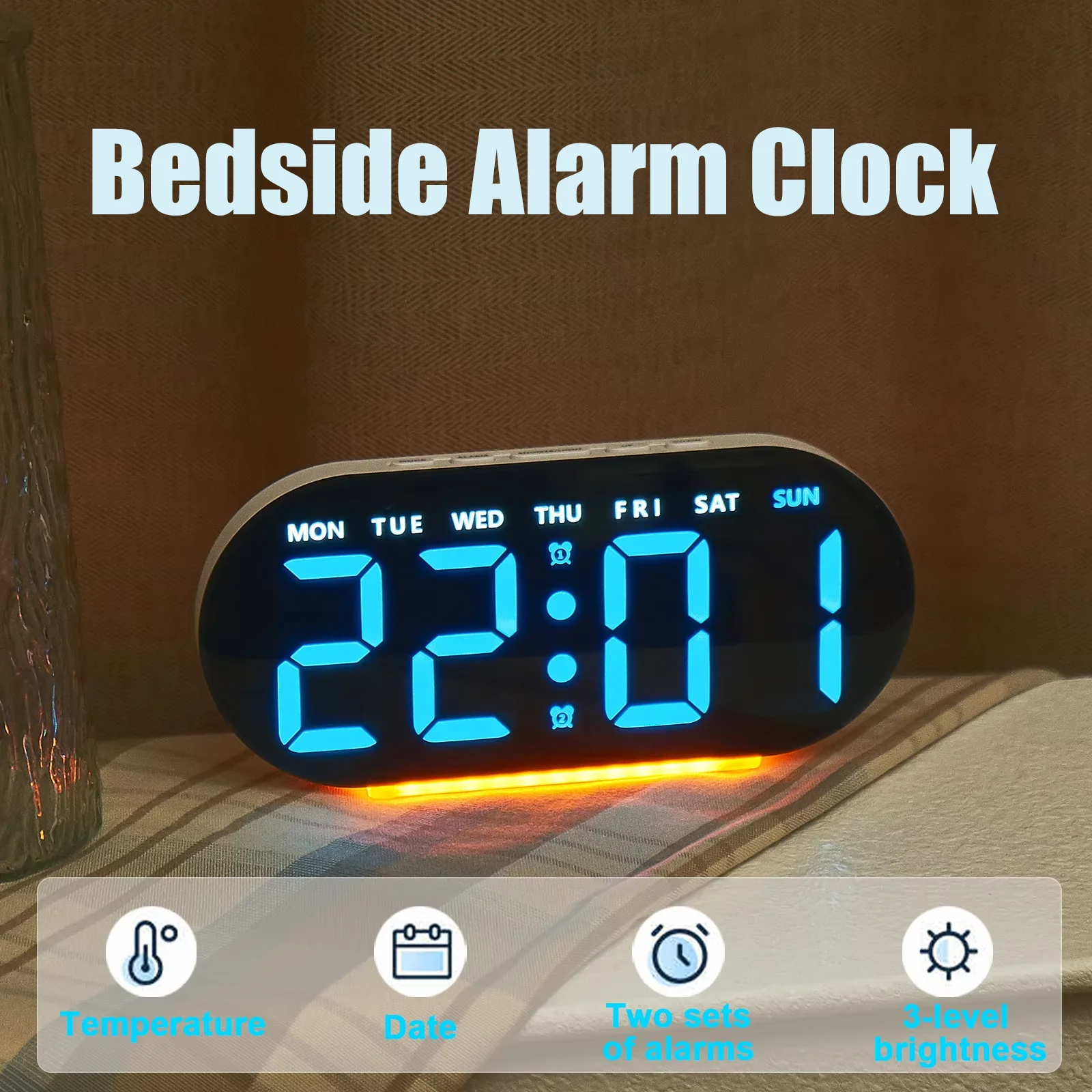 Digital Silent Alarm Clock Temperature Date Display Dual Alarms Bedside Clock 3 Brightness Mode Ambient Light 12/24H LED Clock