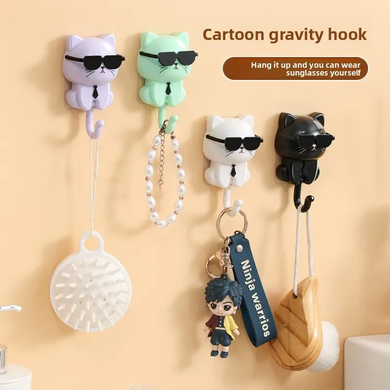 Cartoon Cute Black Cat Entrance Hall Coat Hook Adhesive No-Drill Strong Rotating Eyes Key Holder for Home Organization