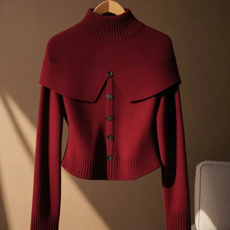 Autumn New Women Ankela Red Fake Two Pieces Sweater Vintage Fashion Turtleneck Button Long Sleeve Slim Pullovers Knitted Tops