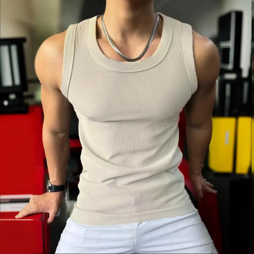 Men Sport Vest Round Neck Sleeveless Elastic Solid Color Tank Tops Ribbed Exercise Fitness Tops Elastic Strap Workout Top