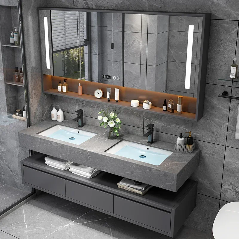 Light Luxury Rock Panel Intelligent Wood Bathroom Cabinet Meuble Salle De Bain Washbasin Double Basin Bathroom Cabinet Home