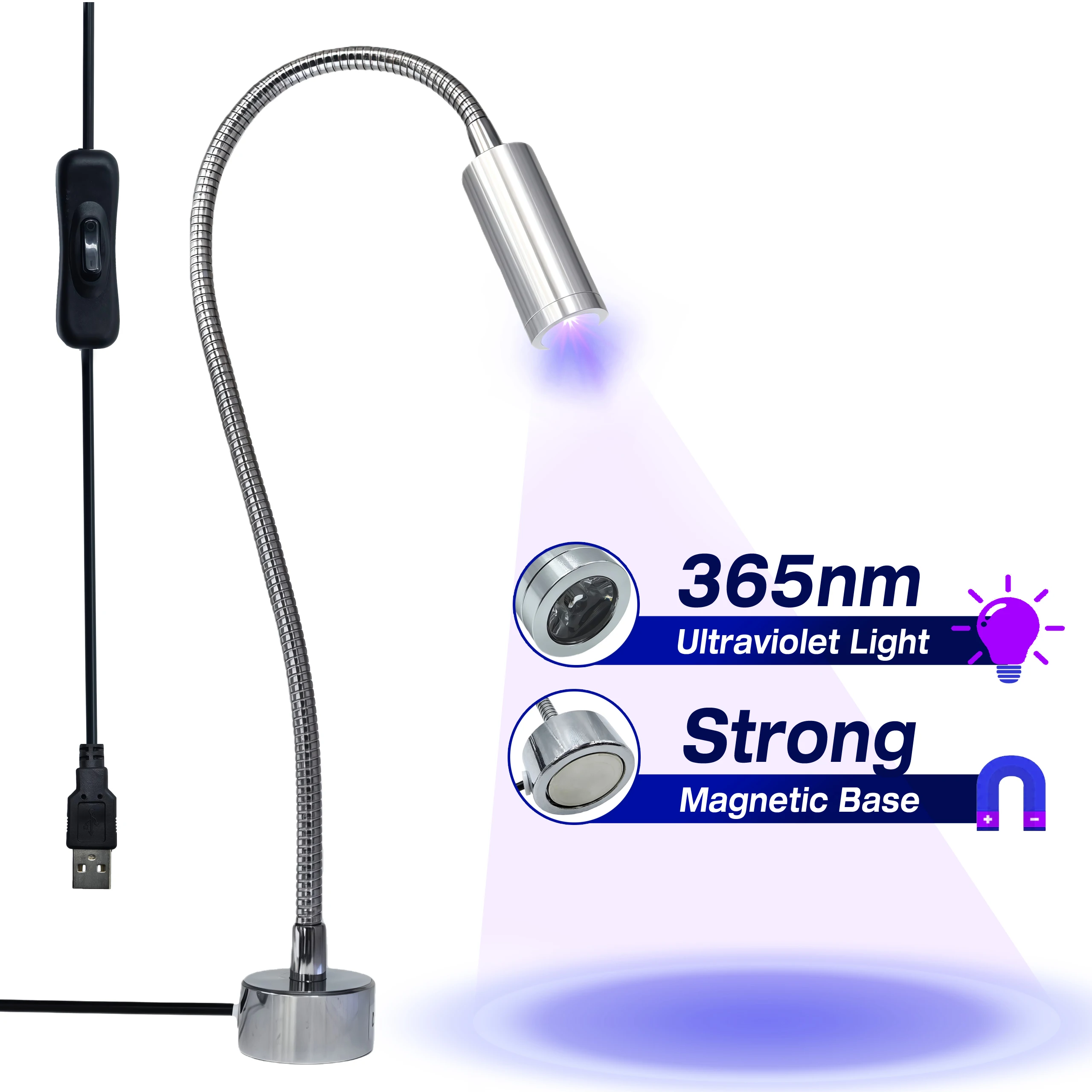 

УФ-лампа для отверждения 365 нм с магнитным основанием – профессиональная для ремонта печатных плат, электроники и отверждения УФ-клеев