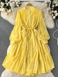 Women Casual Chiffon Dress Spring Autumn Long Sleeved Slim A-line Party Dresses French Chic Pleated Shirt Long Robe Vestidos