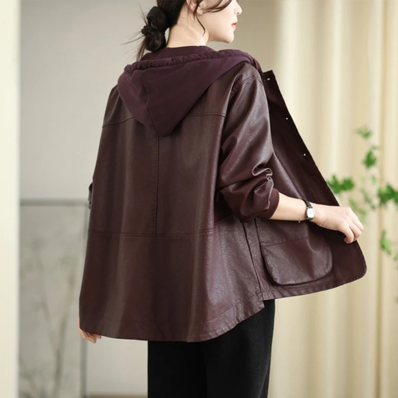 Masss Wasss coreano otoño mujer suelta con capucha ocio moda chaquetas de cuero de imitación mujeres clásico PU abrigos Vintage cortavientos