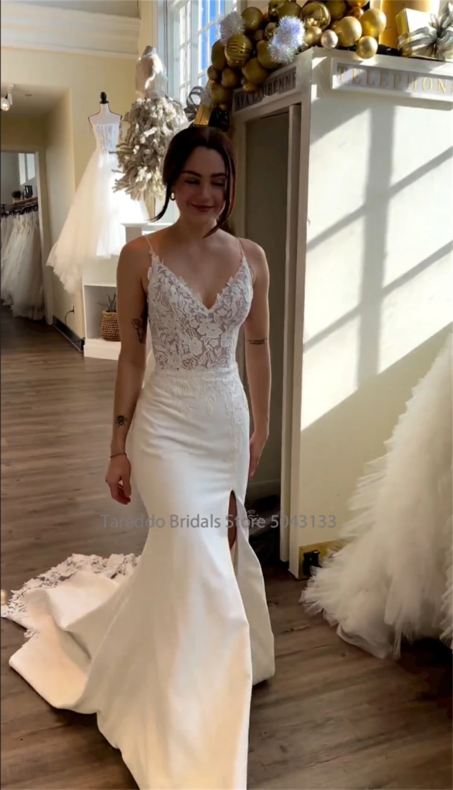 knee length dresses for ladies LaDivine CD797W Fitted Long Bridal Gown Pleated Lace Wedding Dress – The  Dress Outlet main image 1