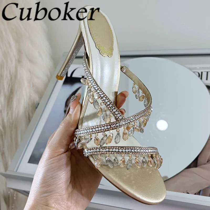 

Luxury Brand Runway Crystal Slippers High Heel Narrow Band Beaded Pumps Shiny Bling Banquet Ladies Shoes Summer Sexy Bling Mules