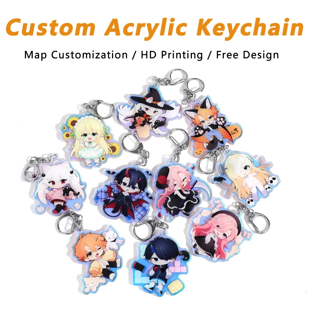 Custom Logo Acrylic Keychain Cartoon Pendant Photo Flash Transparent Charm Printing Personality Holographic Anime Key Chains