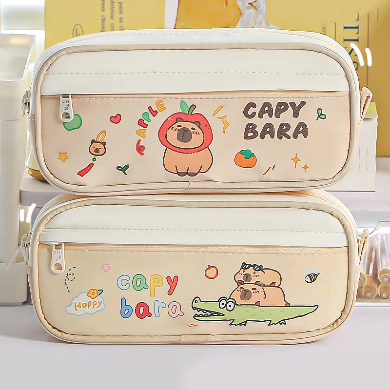 Cute Capybara Pen Bag Large Capacity Cartoon Prints Pencil Case Dust-proof Stationery Storage Bag Students