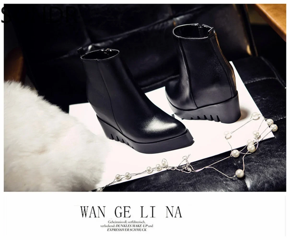 Womens Genuine Leather High Wedge Heels Pointed Toe Ankle Riding Boots Shoes Platform Black Motorcycle Punk Genuine Leather Zip