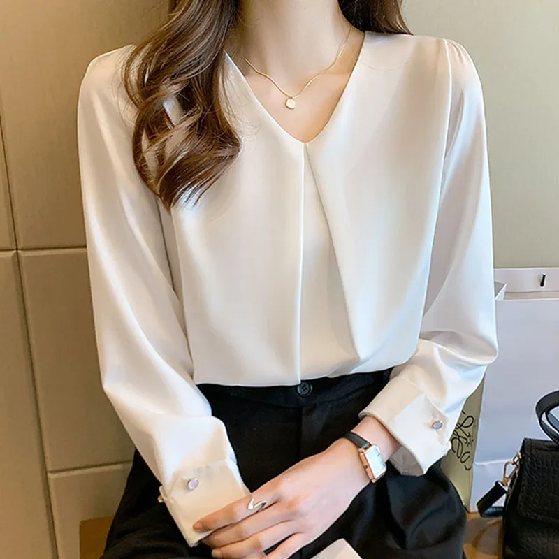 New Retro Pullover White Long Sleeve Solid Color Shirt Women\'s Simple Blue Tops and Blouses Chiffon Elegant Fashion Spliced Tops