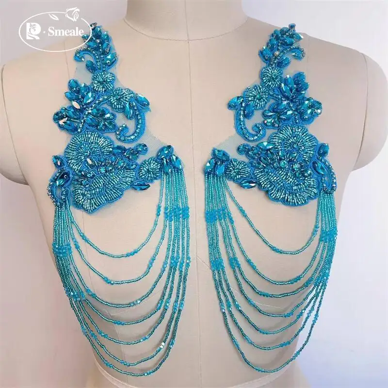 1 Paar. 35x12cm. Funkelnde Abendkleid-Dekoration DIY-Applikationen für die Schulter. Handgenähte Quasten-Glasdiamant-Applikationen für Kleidung. – Detail 6