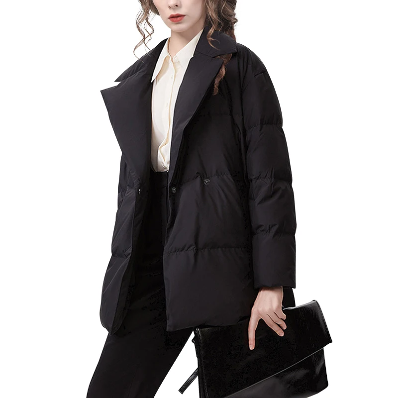 Elegant Suit Collar Women\' Suit Collar Black Down Jacket Warm Thick Winter Coat Mid-Length Loose Plus Size Casual Office Jackets