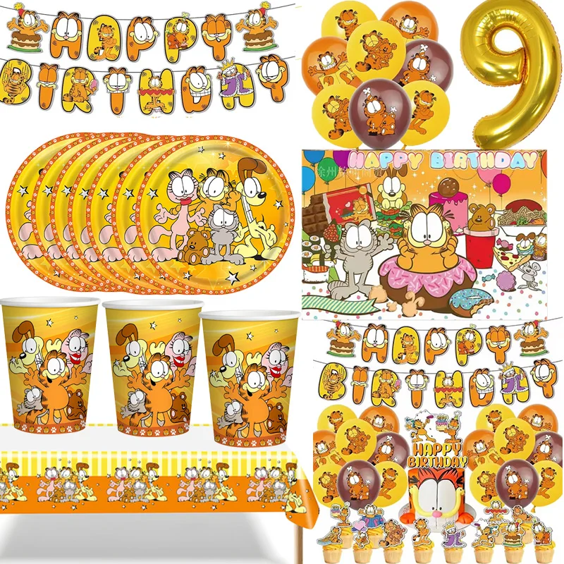 Cartoon Garfielde Cute Birthday Party Supplies Tableware Decoration for Kids Balloon Cake Topper Banner Baby Shower Home Decor