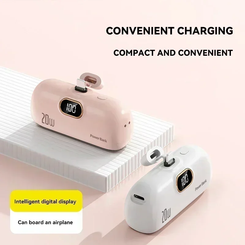 5000mAh Power Bank Mini Capsule Fast Charging Mobile Power Supply Emergency External Battery Built Type-c IPhone Cable