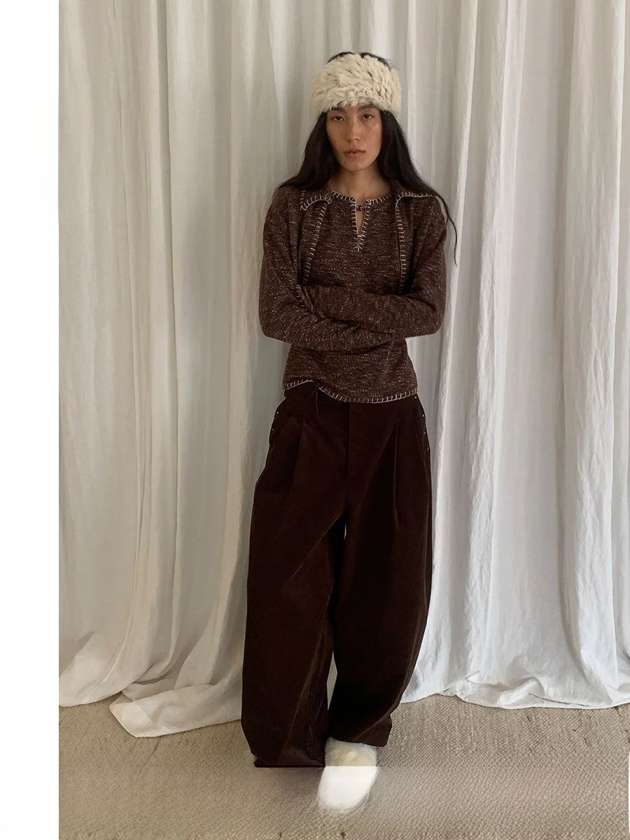 

TiaTia25 Осенне-зимний новый красно-коричневый свитер-жилет, комплект из двух предметов, топ с бахромой и бисерным декором, ретро-стиль, женский...