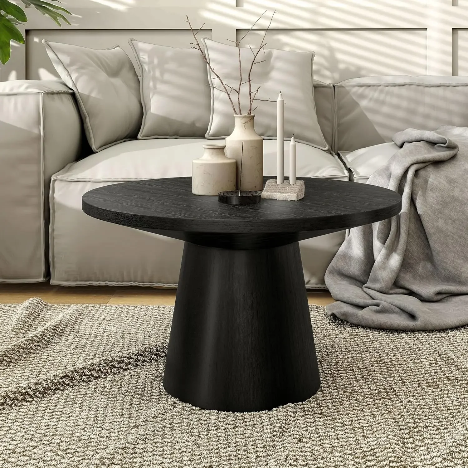 Crambel Modern Contemporary Solid Wood 29-inch Round Coffee Table with Cone-Shaped Pedestal Base for Living Room, Black