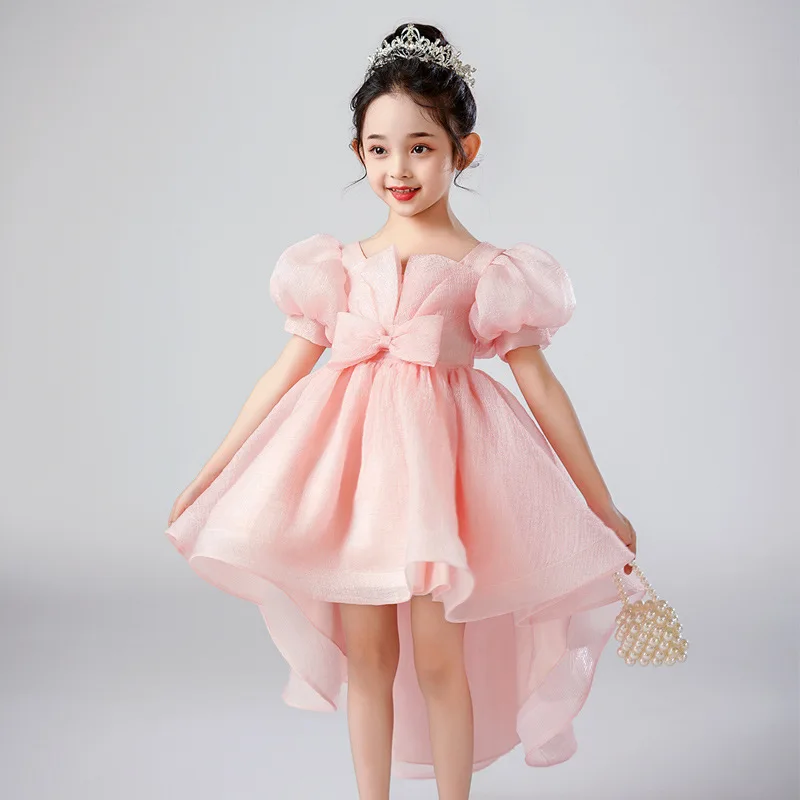 Summer New Kindergarten Children's Performance Dress Mesh Dress Bow Bubble Sleeves Fashion Tail Bubble Sleeves Dress