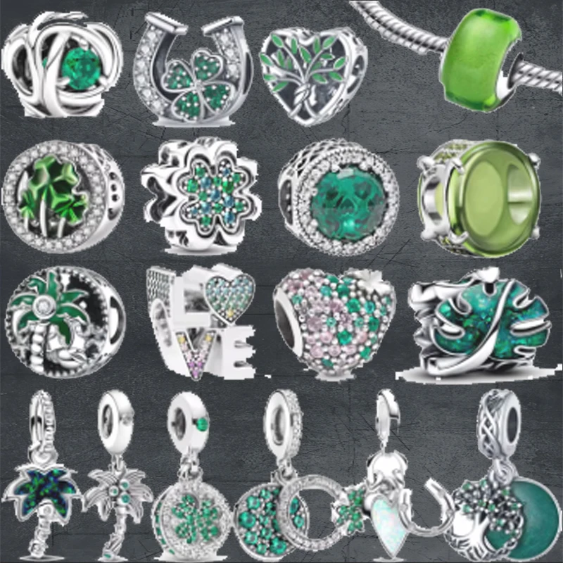 

925 Silver Green Zircon Murano Glass Charm Family Tree Four Leaf Clover Leaves Infinite Love Beads Fit Pantaro Bracelets Jewelry
