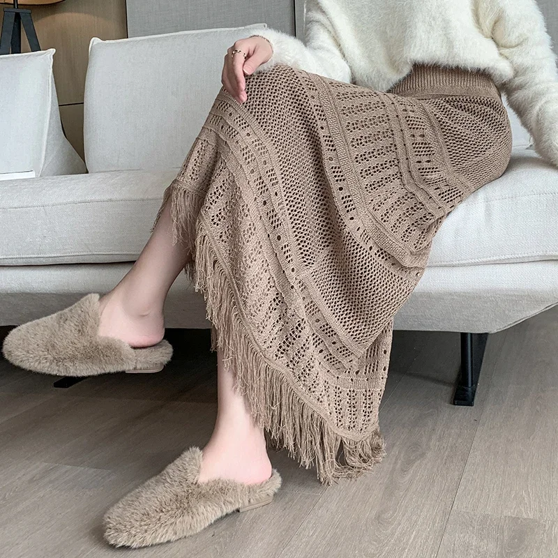 Tassel Knitted Skirt Spring Autumn Korean Fashion High Waist A-line Skirt Long Maxi Skirt Slim Fit Streetwear