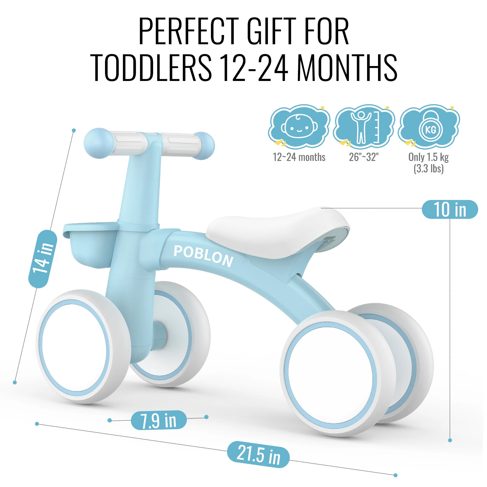 4-wielige loopfiets voor peuters van 1-2 jaar (12-24 maanden) met afneembare mandje, lichtgewicht rij-speelgoed, cadeau voor jongens en meisjes - afbeelding 1