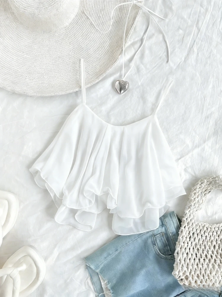 Women's Casual Daily Chiffon Crop Top Summer Lightweight Spaghetti Strap Ruffled Flowy Short Cami Party Sleeveless Blouse view 3