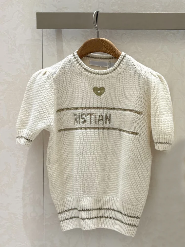 

Spring New Love Heart Embroidery round Ne ort Sve Knitted T-irt Women Slim Fit Top Small Size Trendy Commute Sle