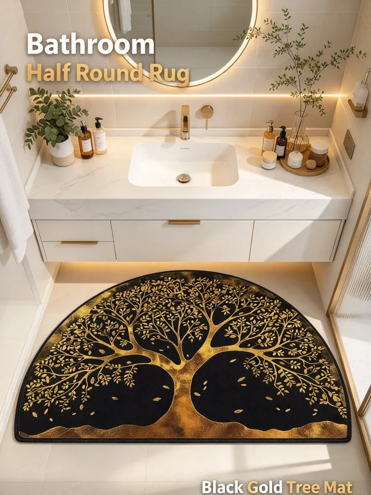 **New Arrival Half Round Tree of Life Rug, Black Gold Golden Tree Decorative Floor Mat, Non-Slip Semicircle Carpet for Entryway