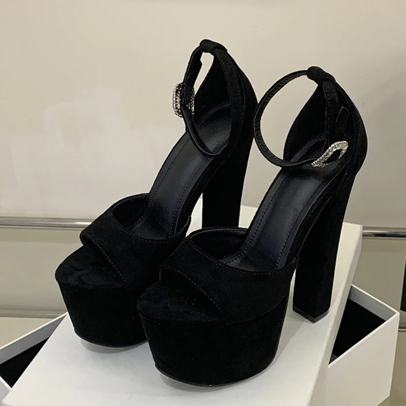 Liyke Model Show Sexy Extreme High Heels Chunky Platform Sandals Women Fashion Crystal Buckle Peep Toe Stripper Pole Dance Shoes