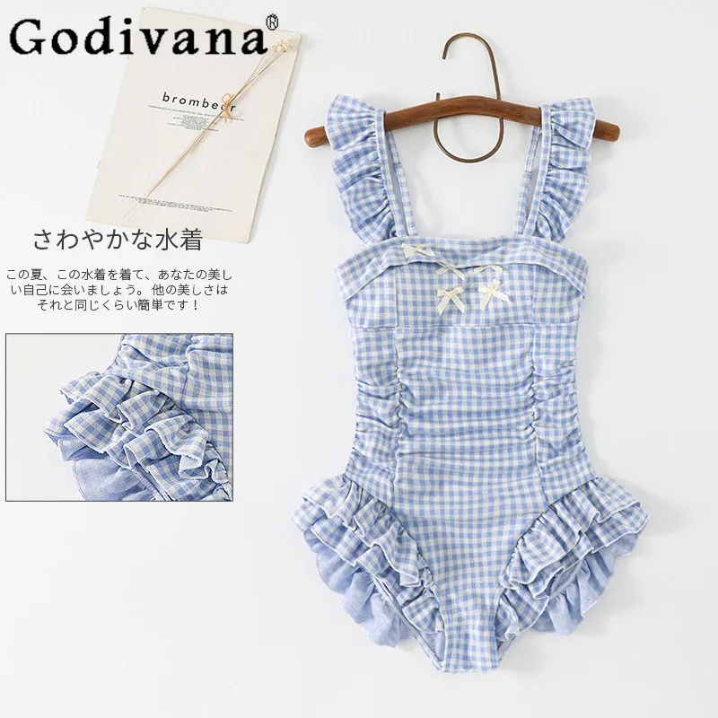 

Japanese Sweet Girls Lolita Blue Plaid Swimsuit Summer New 2026 Swimwear Student Casual One Piece Y2k Swim Suits for Women