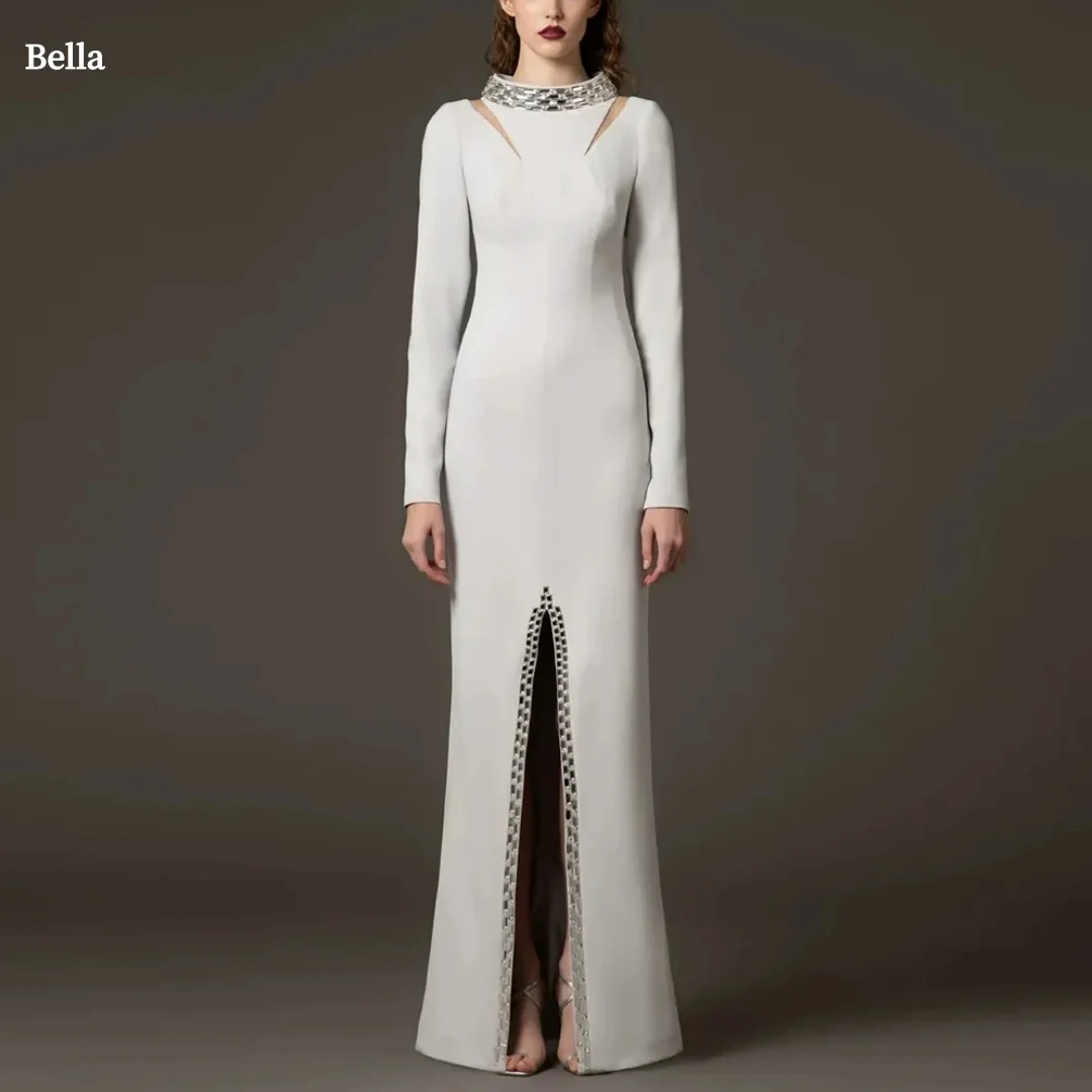 

Bella Customized Blush Pink Off-the-shoulder Rhinestone Trim Satin Slim-fit High Slit robes de soirée Elegant Ruffled Hem 2025