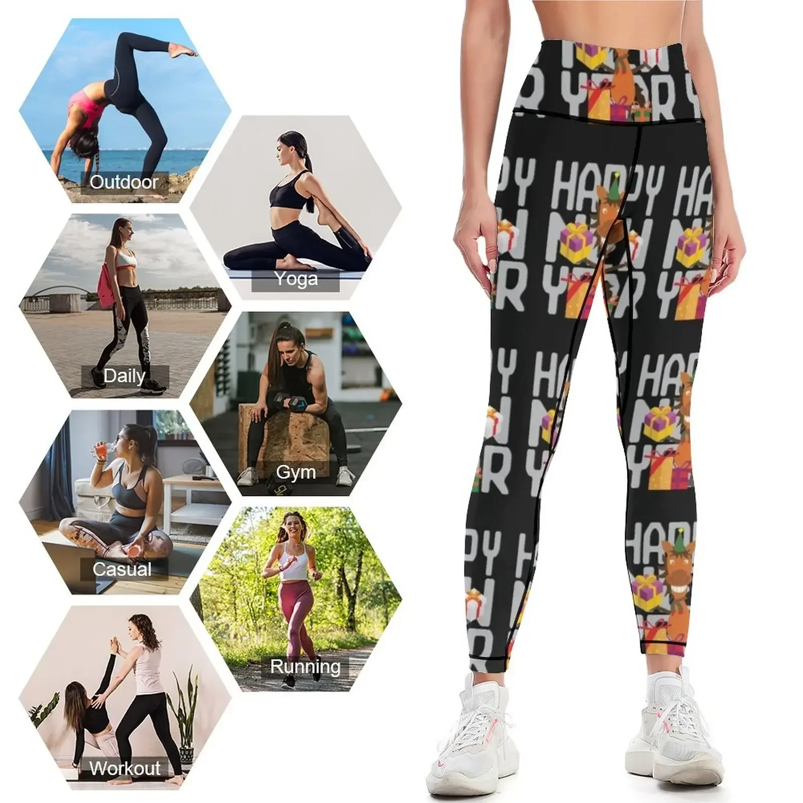 مضحك الحصان يمنيات سنة جديدة سعيدة طماق المرأة عالية الخصر الرياضة امرأة الصالة الرياضية Leggins رفع امرأة المرأة طماق