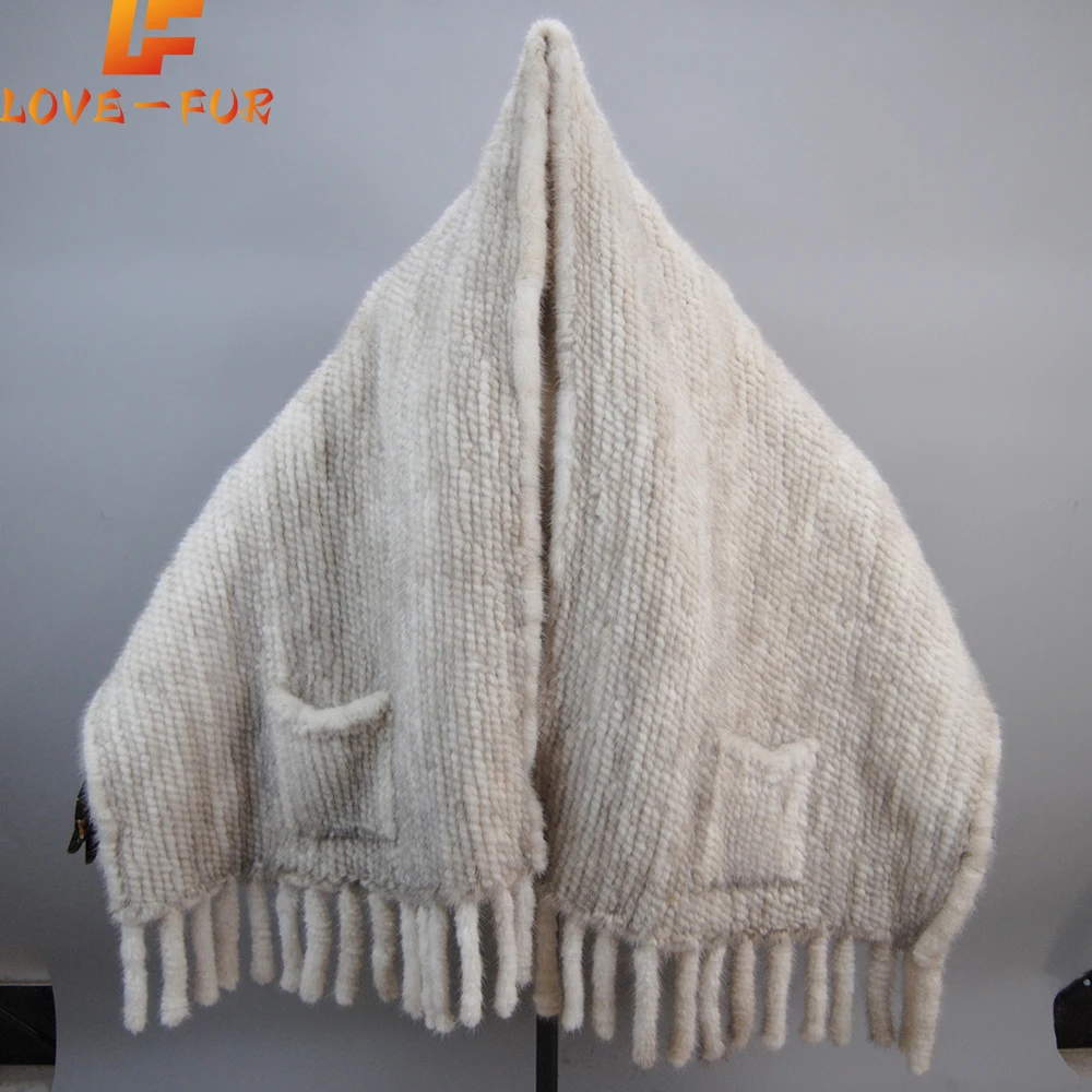 Long Style Female Genuine Mink Fur Poncho Scarves WIinter Women Warm Knit Real Mink Fur Wrap Scarf Knitted Mink Fur Pashmina