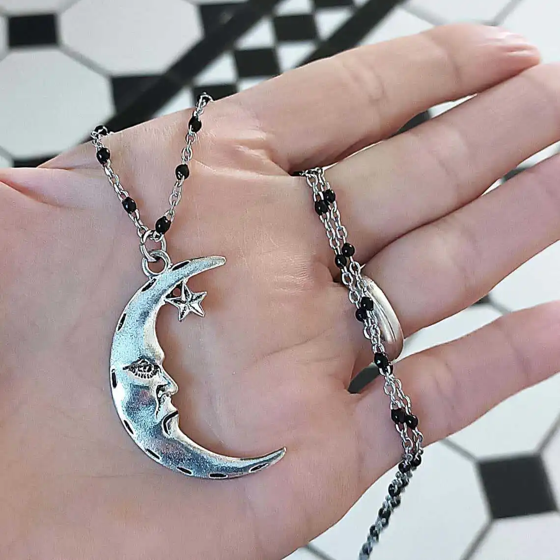 Vintage Moon Rosary necklace,Gothic jewelry,Y2k punk accessories,Star Moon,Black jewelry,mysterious,pagan,witch,Choker For Women