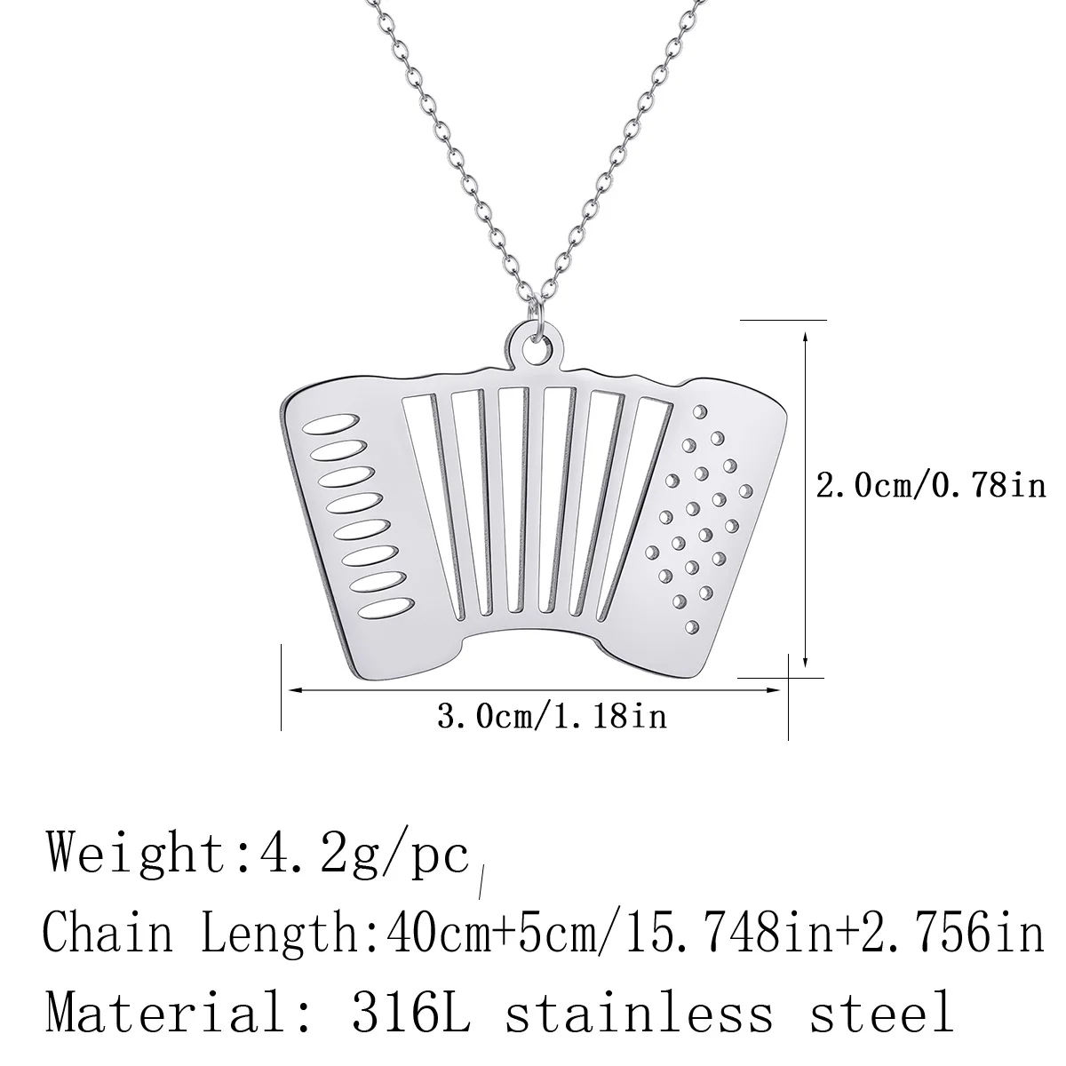 Chandler Stainless Steel Flat Accordion Pendant Necklace Musical Instrument Charms for Men and Women