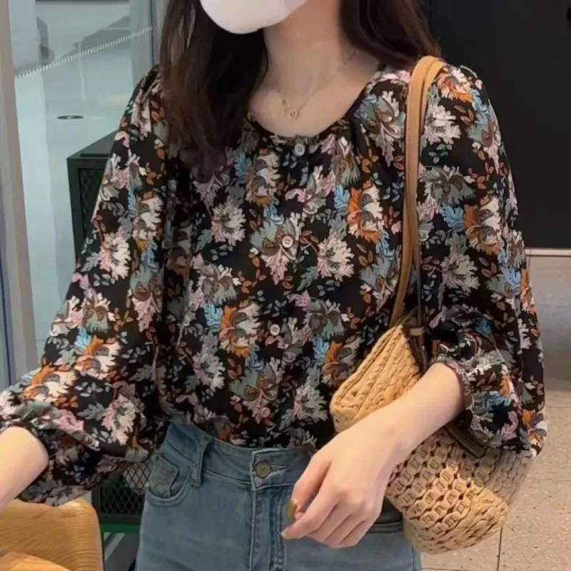 Dark Pink Black BluePopular Blouse Off White Flowers Pattern Print Long Sleeve Round Neck Japanese Korean Style Casual Soft