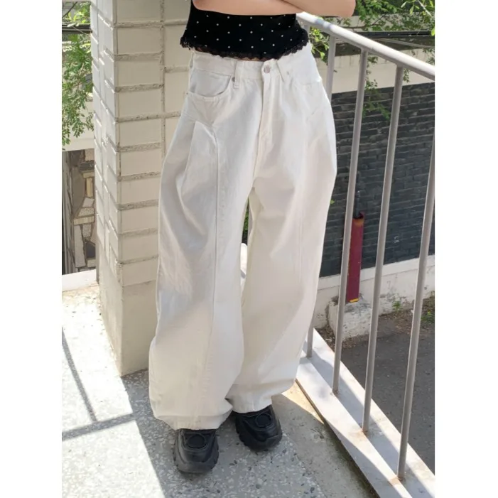 

Женские джинсы с высокой талией и широкими штанинами, новинка 2025 года, корейский дизайн, модные, с эффектом складок, длинные брюки-кюлоты, для повседневной носки