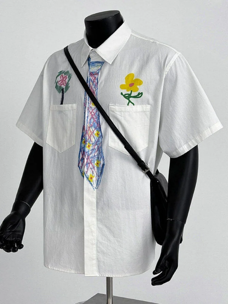 

Рубашка с ручной росписью, мужская, с коротким рукавом, летний дизайн, молодежный стиль, дышащая, из хлопка, повседневная.