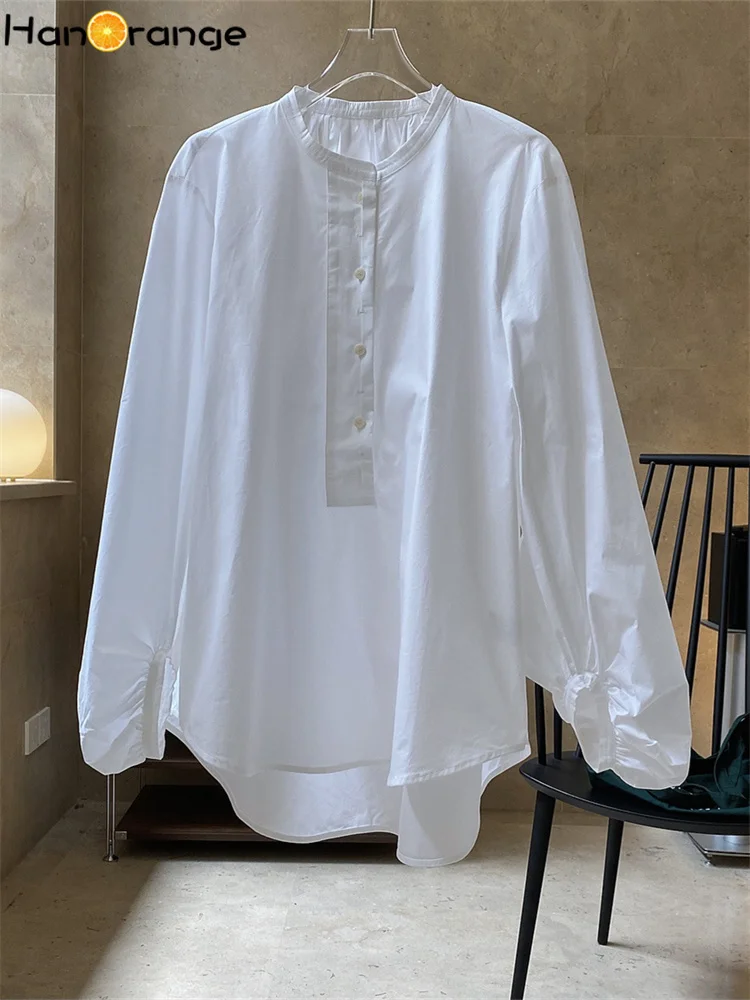 HanOrange 2024 Spring Casual Air Feeling Blouse Women Profile O-Neck Loose Lantern Sleeve Top Female White