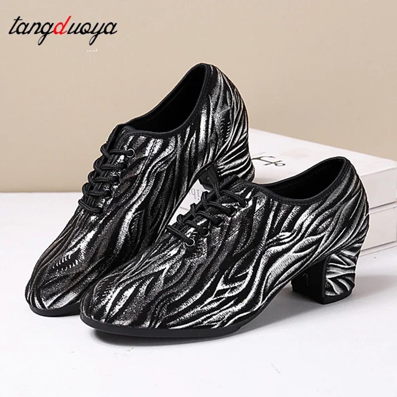 New Bright Stripe Fashion Latin Dance Shoes Woman Mid-heel Ballroom Dancing Shoes Lace-up Tango Salsa Waltz Square Sneakers