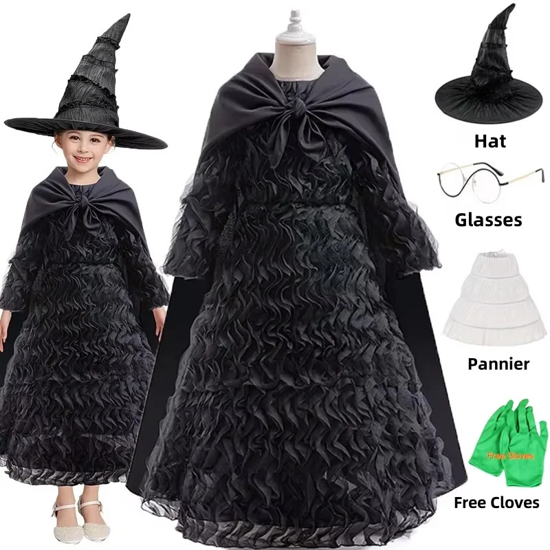 Wicked Elphaba Halloween-Kostüm, Hexe, Cosplay, schwarzes Rüschenkleid, Umhang, Handschuhe, spitzer Hut, Mädchenkleid