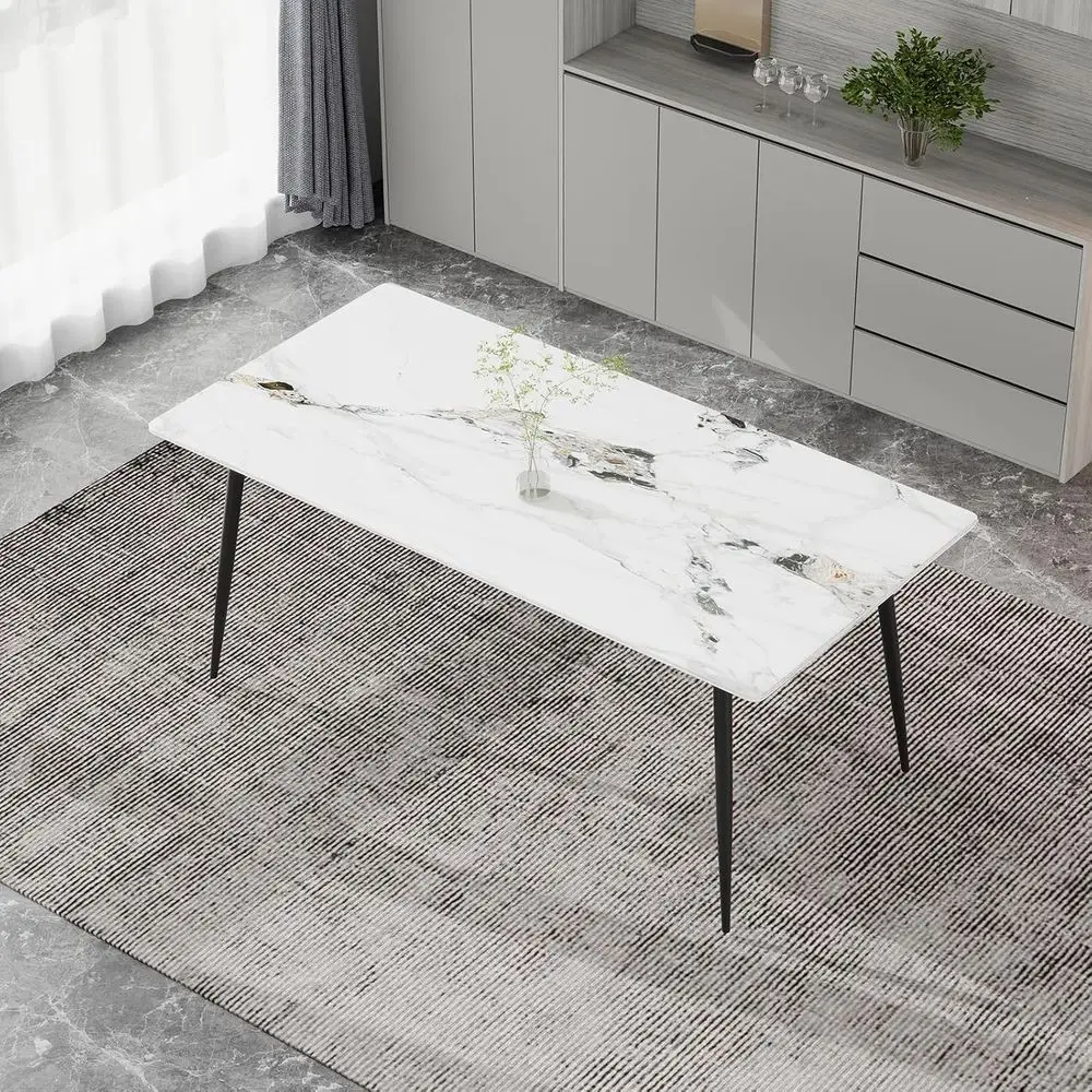 

Sintered Stone Dining Table, 4-6 Seater with Carbon Steel Legs, Scratch, Heat, and Stain Resistant for Kitchen/Dining Room (Whit