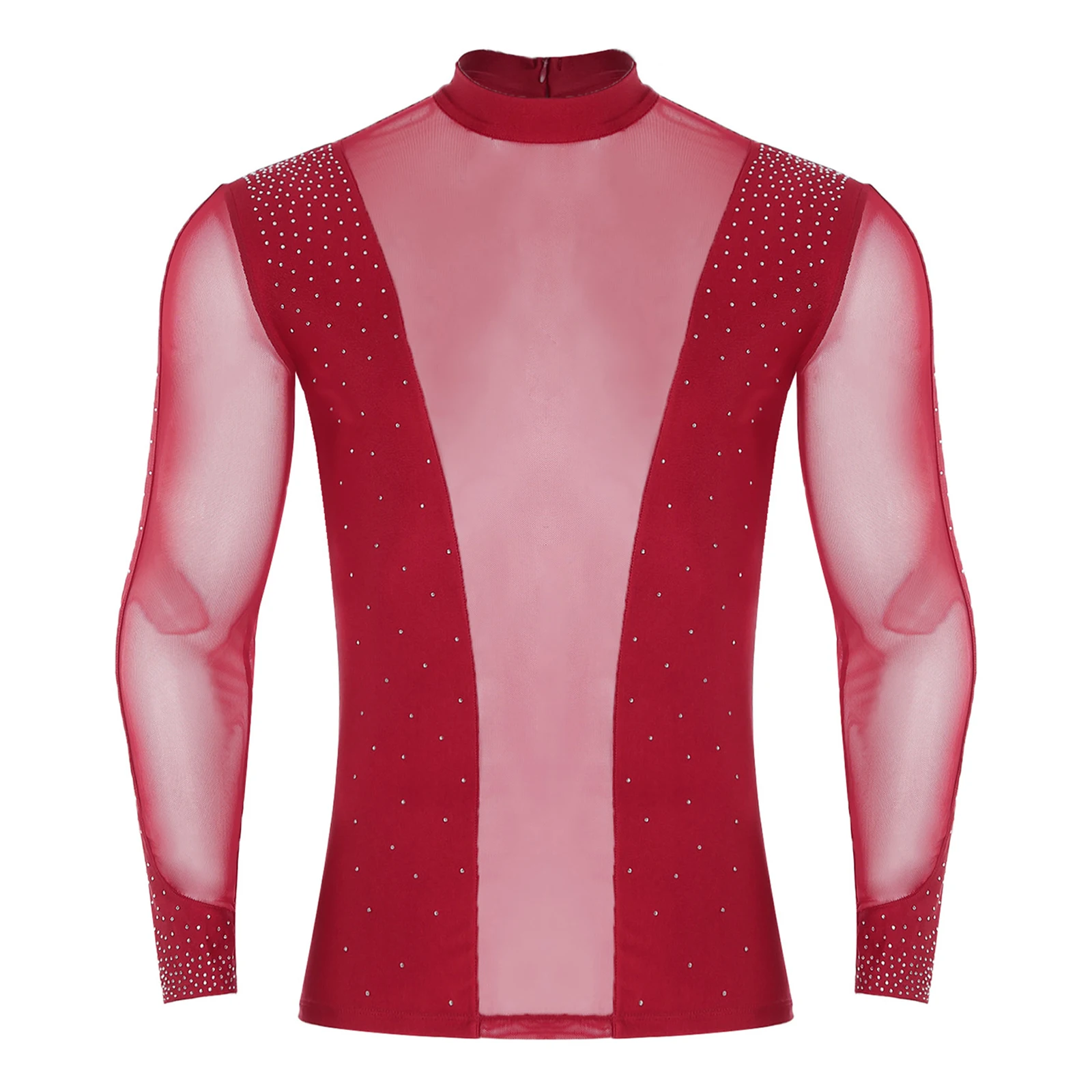 Top de baile latino para hombre, camiseta de manga larga con cuello simulado y diamantes de imitación brillantes de malla transparente, blusa para escenario de Ballet Chacha Tango