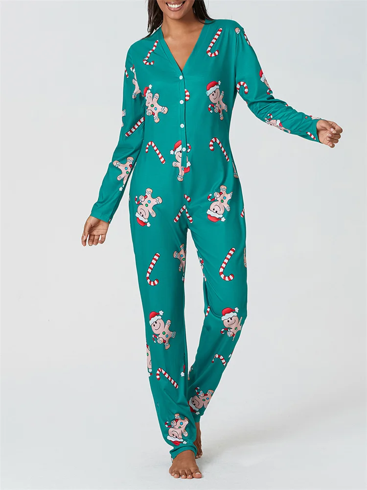 CHRONSTYLE Women Chrismtas Pajamas Jumpsuits Cartoon Deer Print Long Sleeve Button V-neck Rompers Playsuits Xmas Sleep Homewear