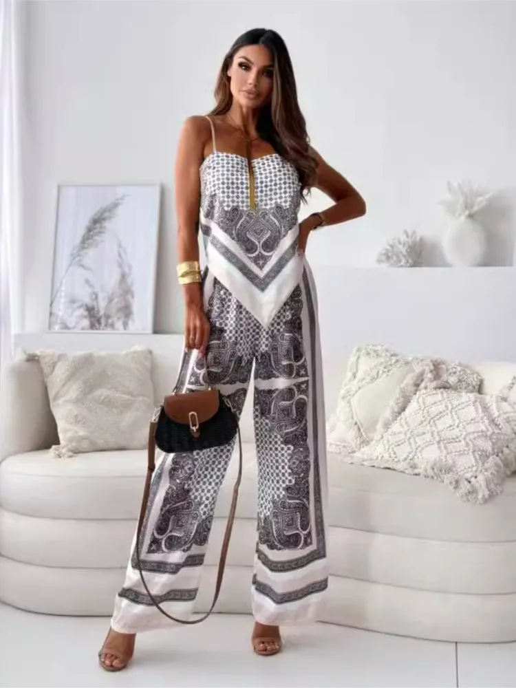 Fashion Printed 2 Piece Set Women Sexy Suit Sleeveless Suspender Backless Wrap Chest + Pants Sets Summer Elegant Women\'s Clothes