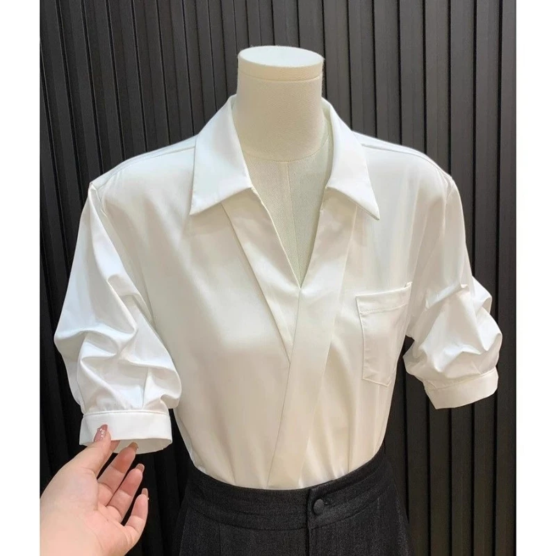 

Deeptown Elegant White Blouses Women V-neck Korean Style Chic Tops Ruffle Shirts Office Style Vintage Casual Solid Sweet Tops