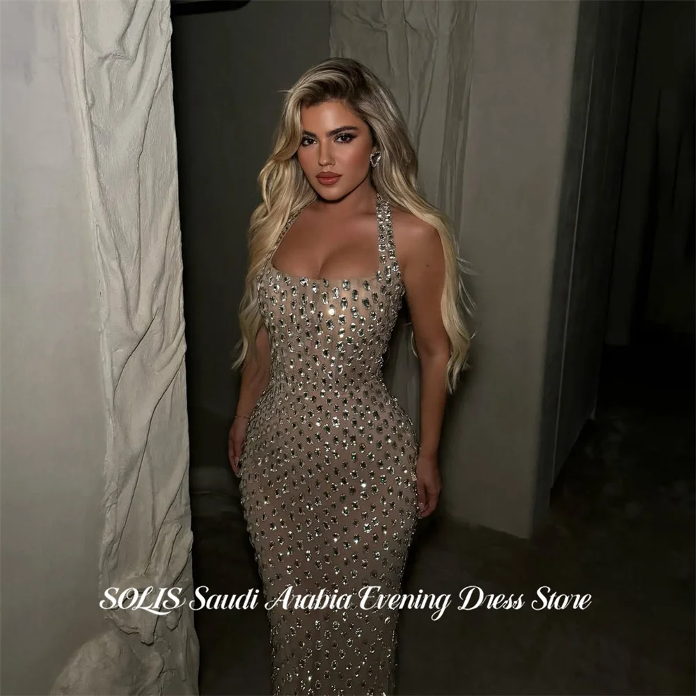 

SOLIS Champagne Evening Dress Halter Neck Prom Dresses Wrap Hips Party Formal Gown with Scarf robe de bal for Woman Customized