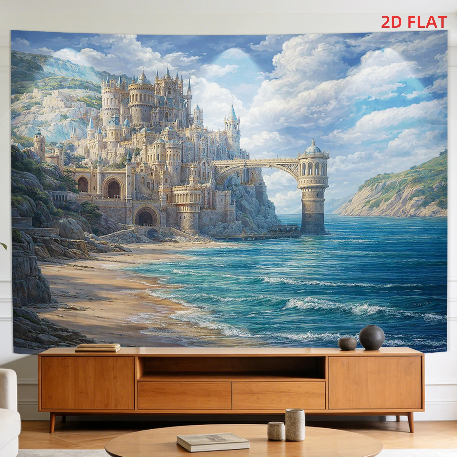 Fantasy Coastal Castle Tapestry with Beach Bridge Mountains and Clouds 180x320cm Wall Decor aesthetic room decor