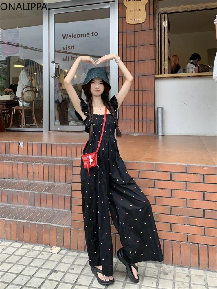 Onalippa Colorful Hearts Embroidery Jumpsuit Women Ruffles Elastic Chest Wide Legs Overalls Flying Sleeves Sweet Contrast Pants