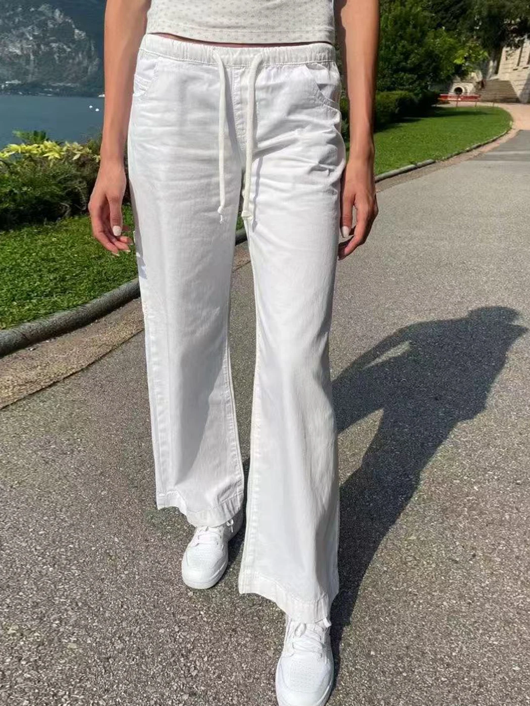 

Women's Vintage White Drawstring Wide Leg Pants High Waist Loose Fit Casual Straight Leg Joggers with Ties Loose Trousers Female