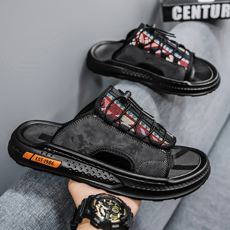 Men's Summer 2026 Casual Lightweight Soft Bottom Beach Sandals Slip-On Comfortable Leather Upper Rubber Sole Fashionable Thon...